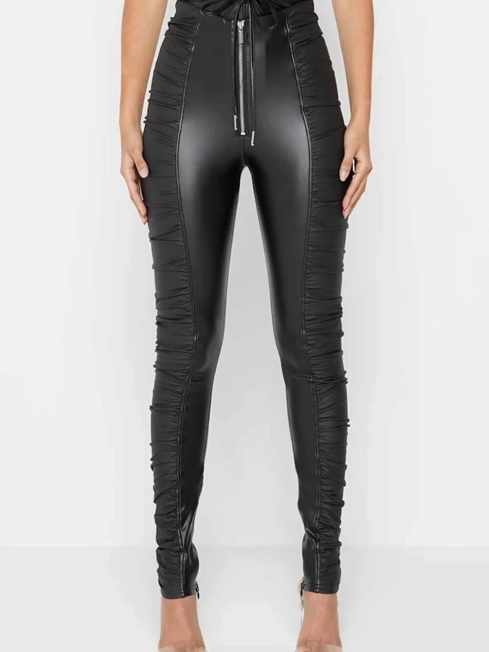 Maniere De Voir Black Ruched Faux Leather Skinny Pants